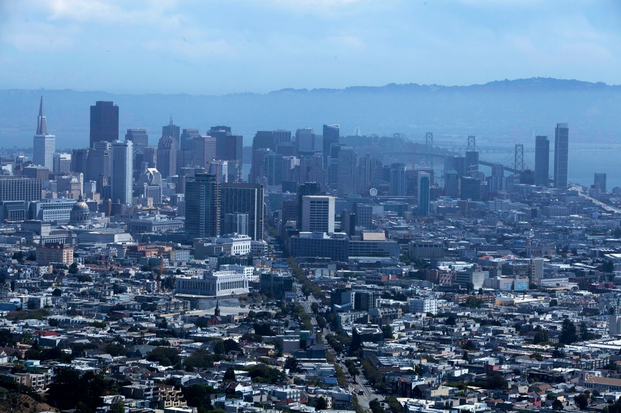 Stunning aerial view of San Francisco's skyline with iconic skyscrapers under a clear sky.